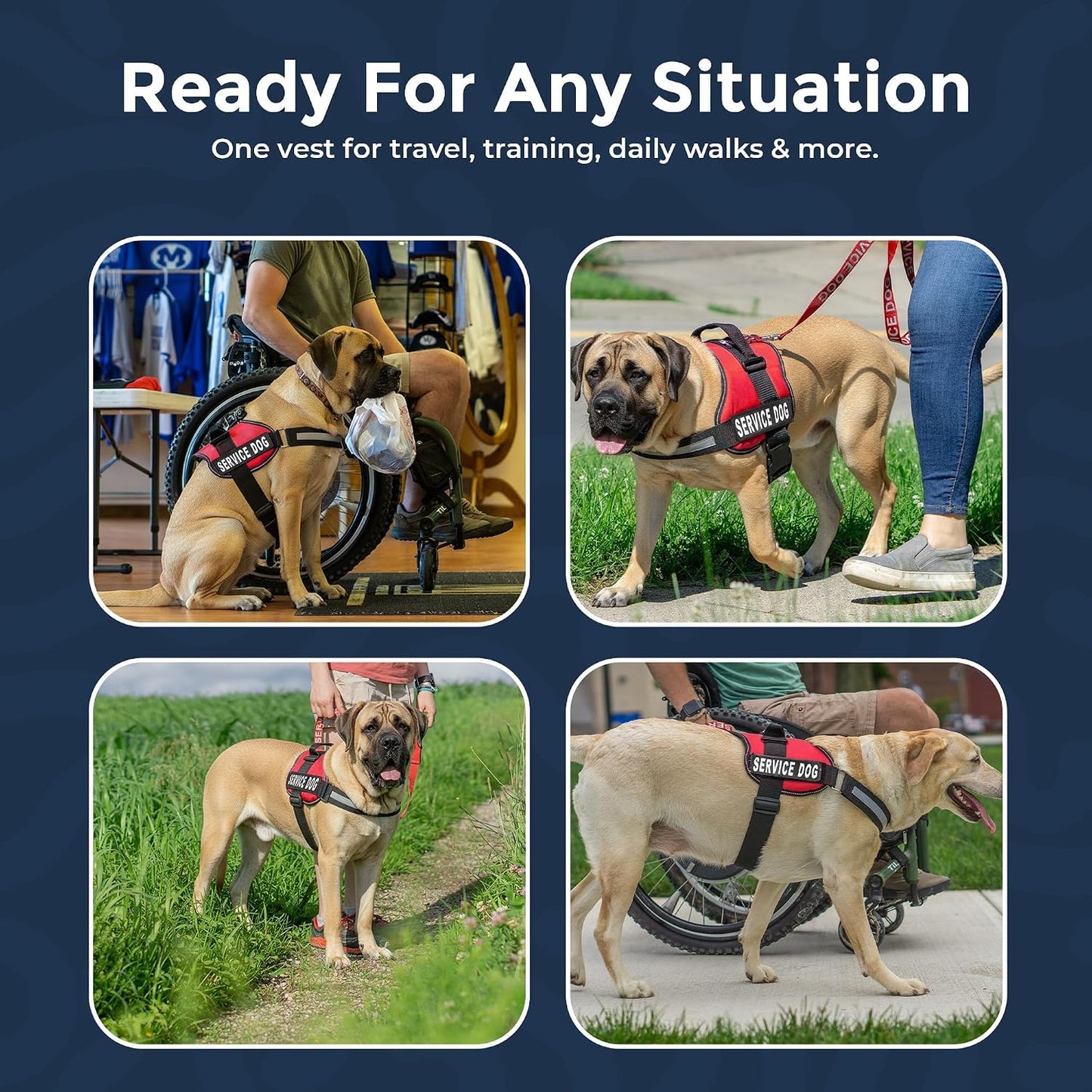 Service Dog Vest Harness - Adjustable and Durable with Reflective Straps, Removable Patches, 50 ADA Cards, Handle, D-Ring, Ideal for Travel and Daily Use (Bright Red, XL 30"-39")