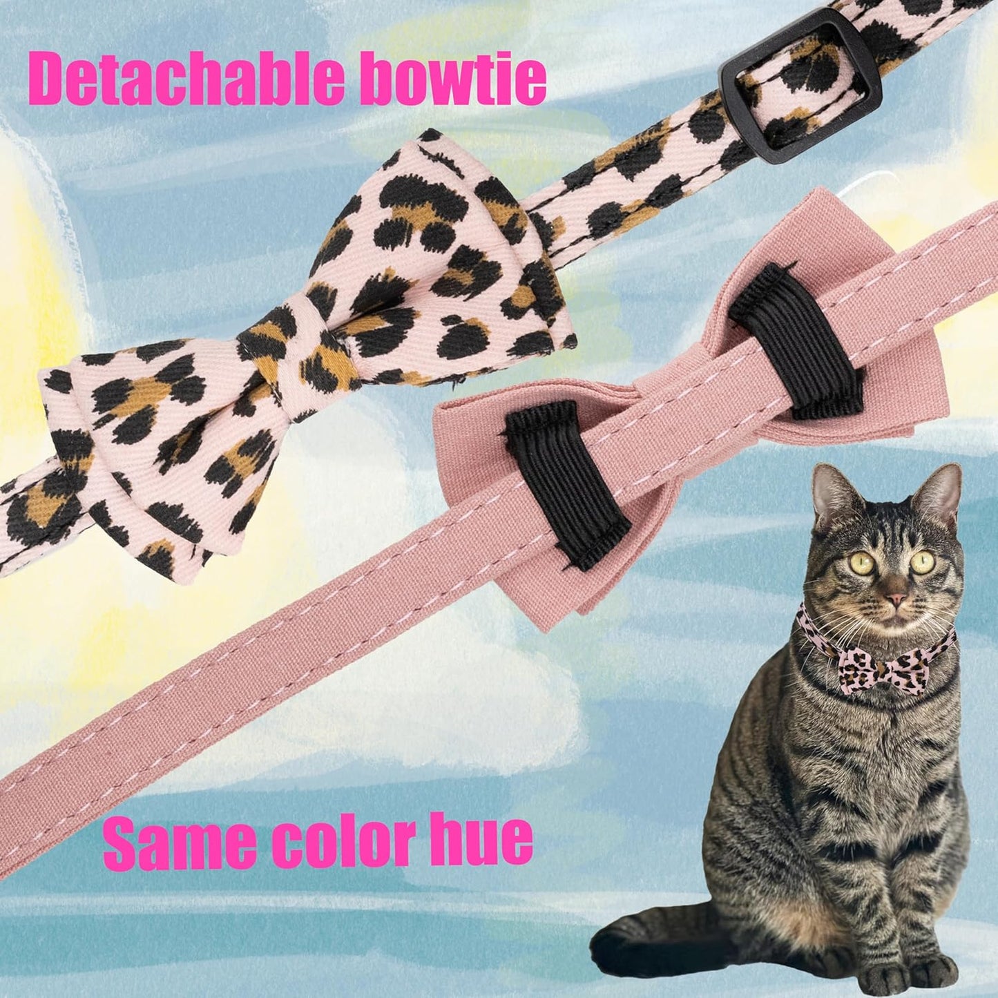 Adjustable Breakaway Cat Collar Set with Bell and Detachable Bowtie - Pink Leopard & Solid Pink for Kittens and Puppies