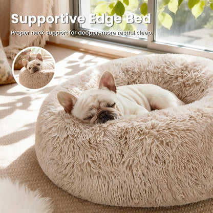 Calming Donut Pet Bed for Cats and Small to Medium Dogs, Anti-Anxiety Fluffy Warming Design, Beige Taupe, Available in 20" and 24" Sizes