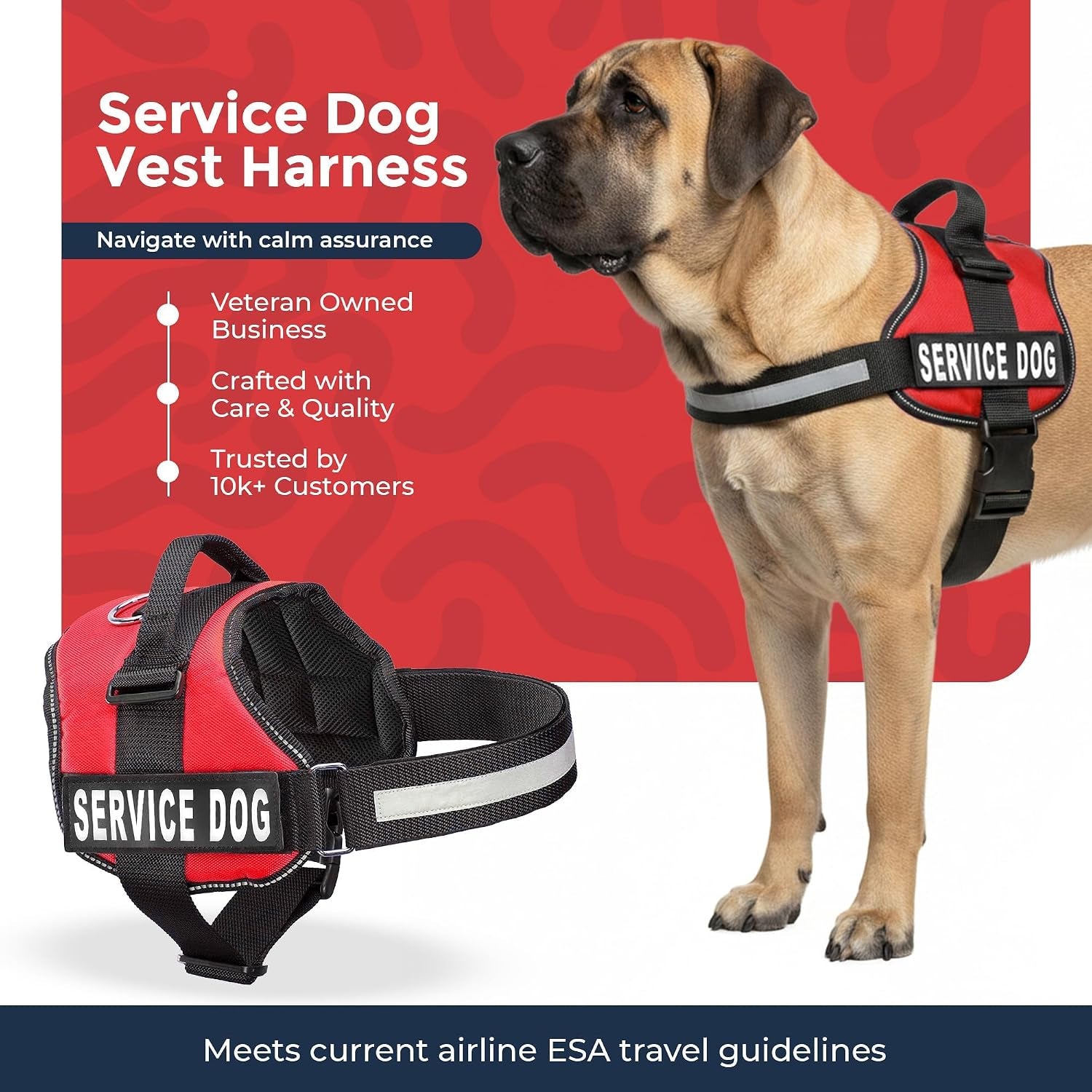 Service Dog Vest Harness - Adjustable and Durable with Reflective Straps, Removable Patches, 50 ADA Cards, Handle, D-Ring, Ideal for Travel and Daily Use (Bright Red, XL 30"-39")