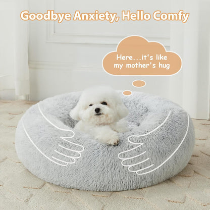 Round Calming Small Dog and Cat Bed for Comfortable Sleep, Washable Plush Puppy Bed with Faux Fur, Anti-Anxiety Donut Cuddler (24 x 24 x 8 Inch, Light Grey)