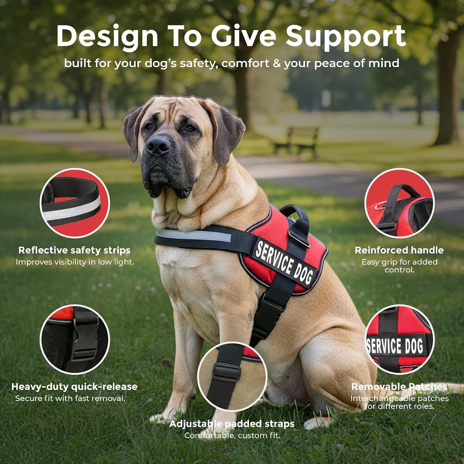 Service Dog Vest Harness - Adjustable and Durable with Reflective Straps, Removable Patches, 50 ADA Cards, Handle, D-Ring, Ideal for Travel and Daily Use (Bright Red, XL 30"-39")