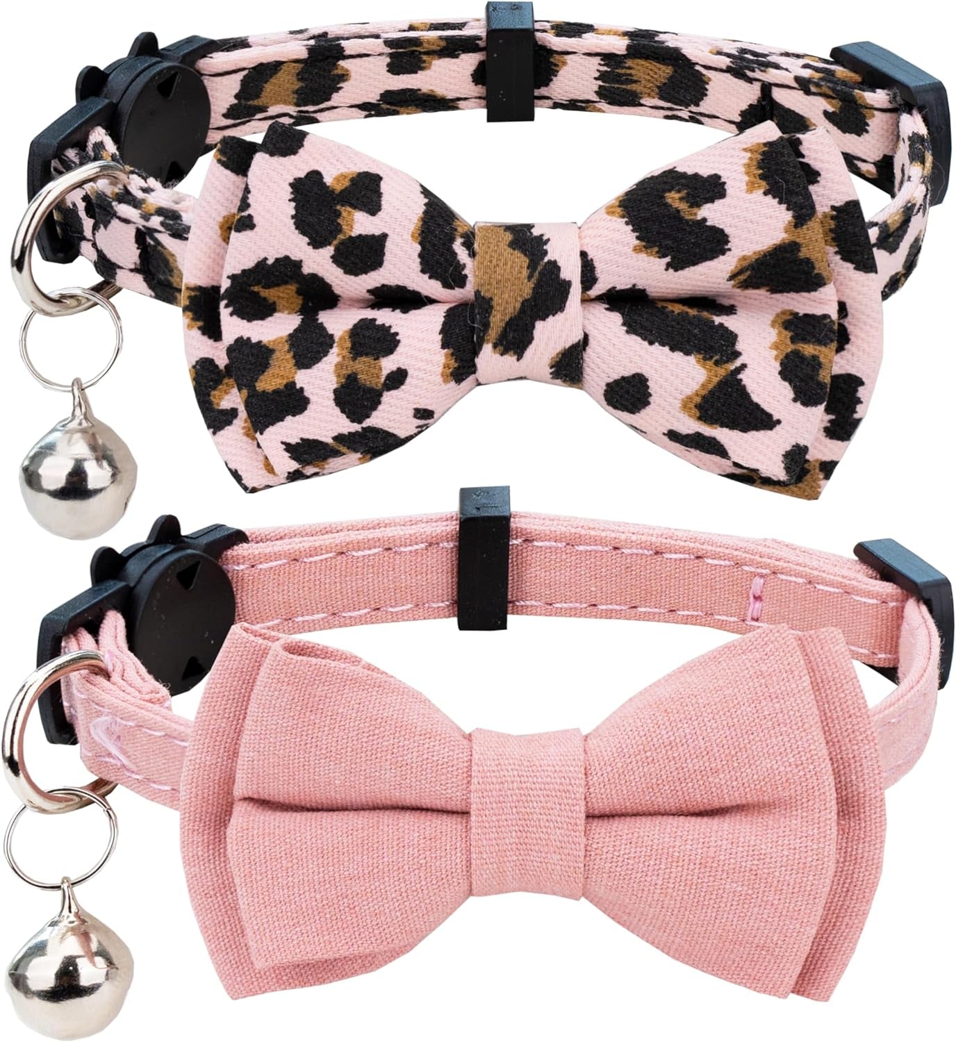 Adjustable Breakaway Cat Collar Set with Bell and Detachable Bowtie - Pink Leopard & Solid Pink for Kittens and Puppies