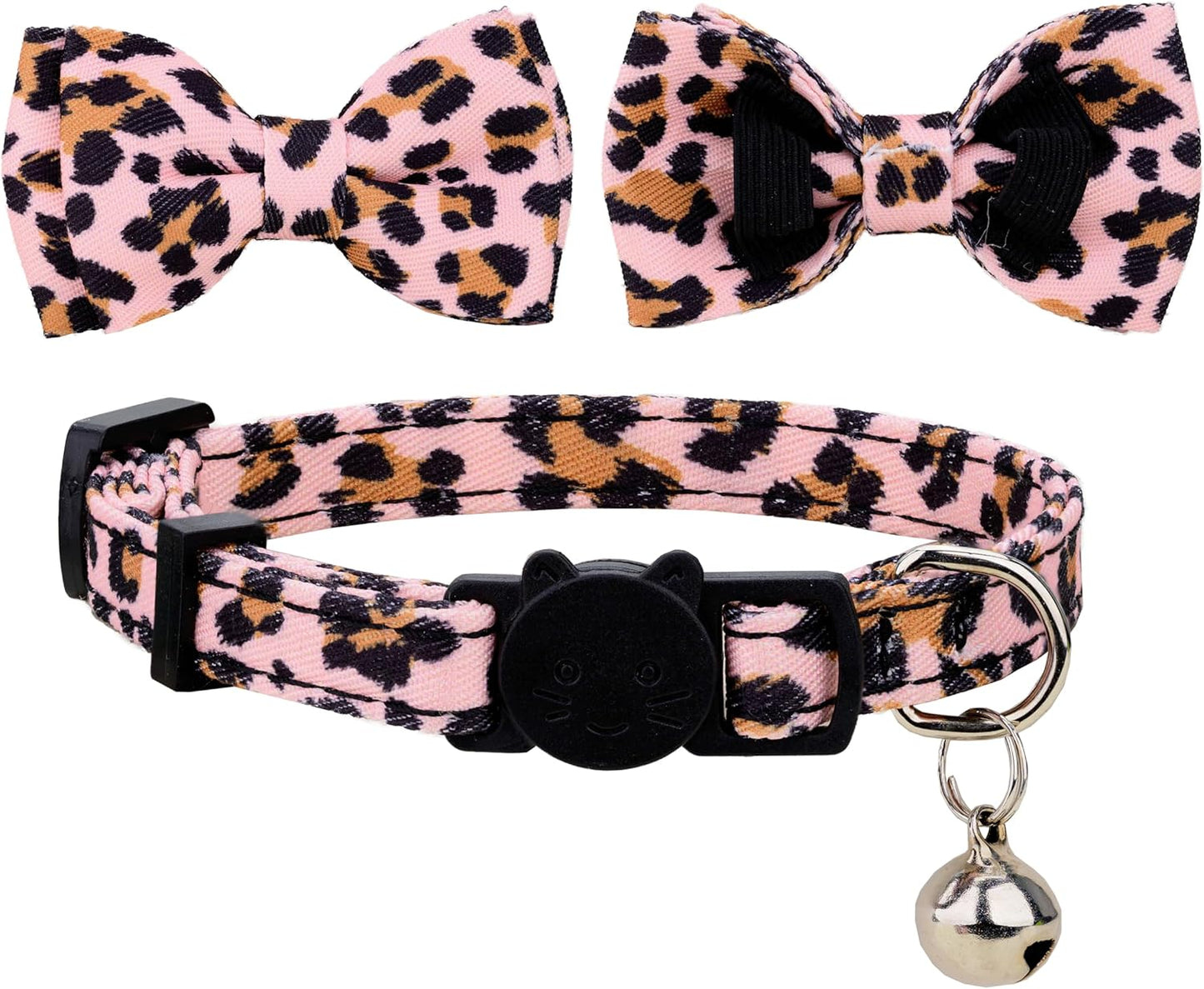 Adjustable Breakaway Cat Collar Set with Bell and Detachable Bowtie - Pink Leopard & Solid Pink for Kittens and Puppies