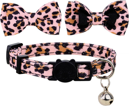 Adjustable Breakaway Cat Collar Set with Bell and Detachable Bowtie - Pink Leopard & Solid Pink for Kittens and Puppies