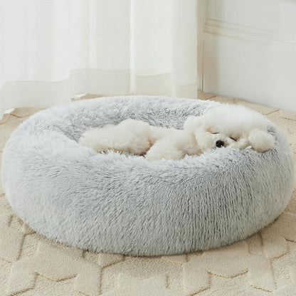 Round Calming Small Dog and Cat Bed for Comfortable Sleep, Washable Plush Puppy Bed with Faux Fur, Anti-Anxiety Donut Cuddler (24 x 24 x 8 Inch, Light Grey)