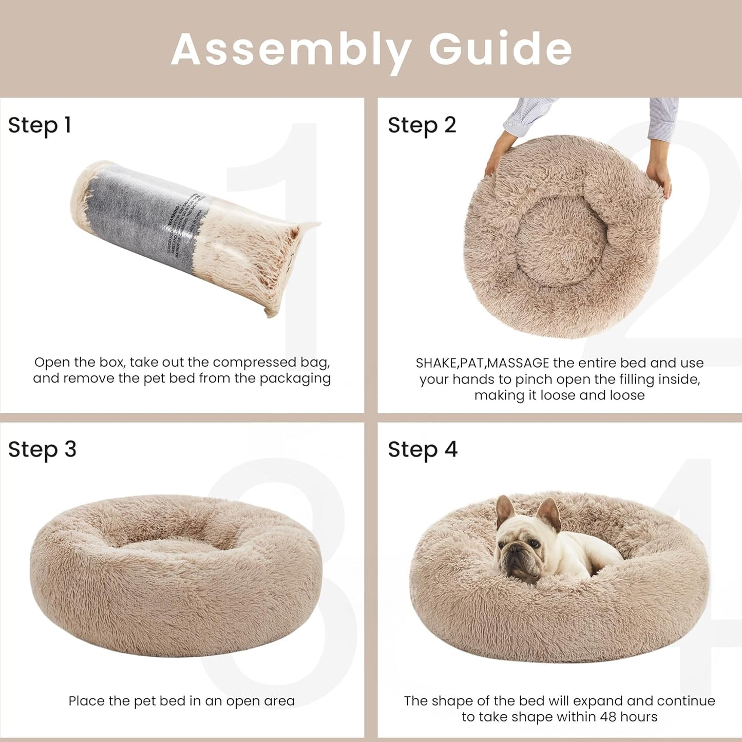 Calming Donut Pet Bed for Cats and Small to Medium Dogs, Anti-Anxiety Fluffy Warming Design, Beige Taupe, Available in 20" and 24" Sizes