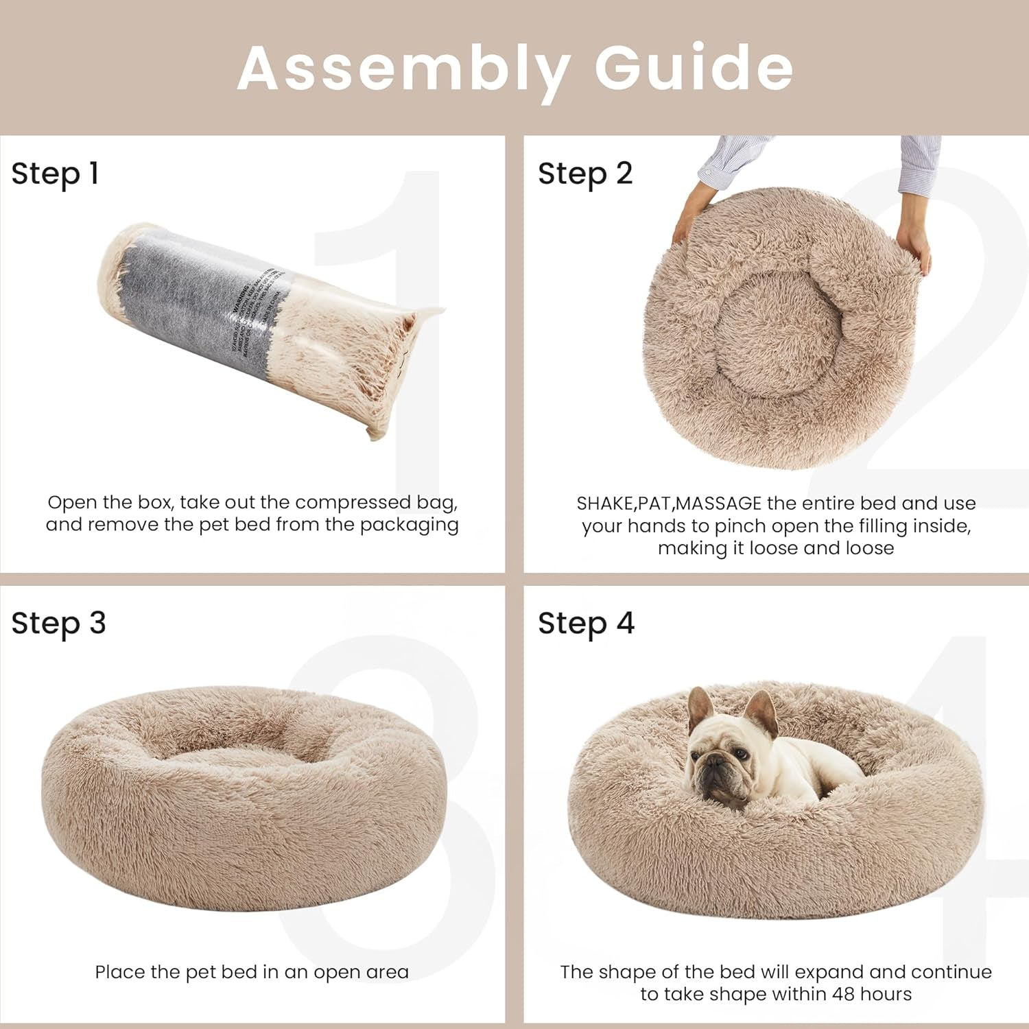 Calming Donut Pet Bed for Cats and Small to Medium Dogs, Anti-Anxiety Fluffy Warming Design, Beige Taupe, Available in 20" and 24" Sizes