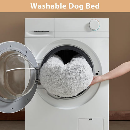 Round Calming Small Dog and Cat Bed for Comfortable Sleep, Washable Plush Puppy Bed with Faux Fur, Anti-Anxiety Donut Cuddler (24 x 24 x 8 Inch, Light Grey)