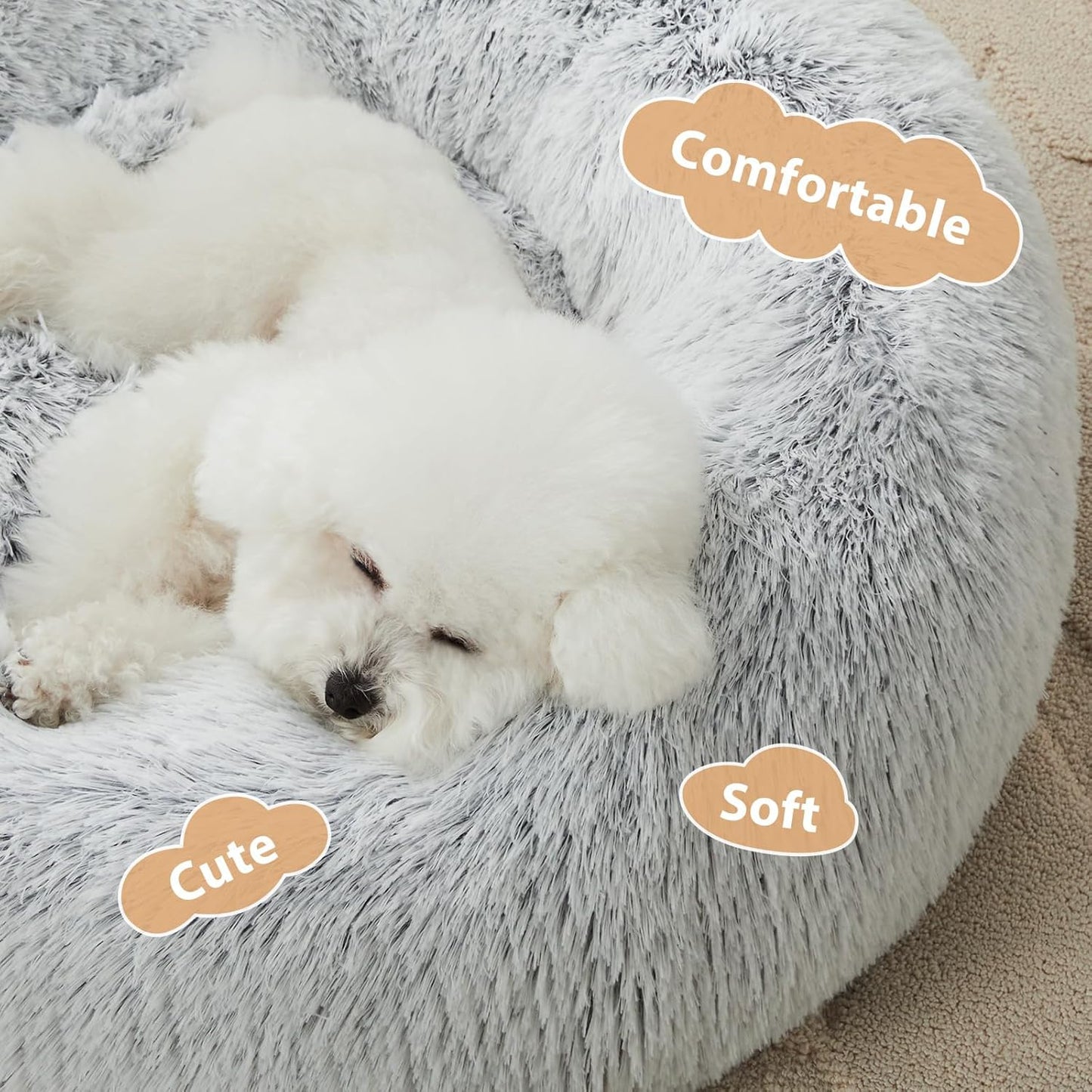 Round Calming Small Dog and Cat Bed for Comfortable Sleep, Washable Plush Puppy Bed with Faux Fur, Anti-Anxiety Donut Cuddler (24 x 24 x 8 Inch, Light Grey)