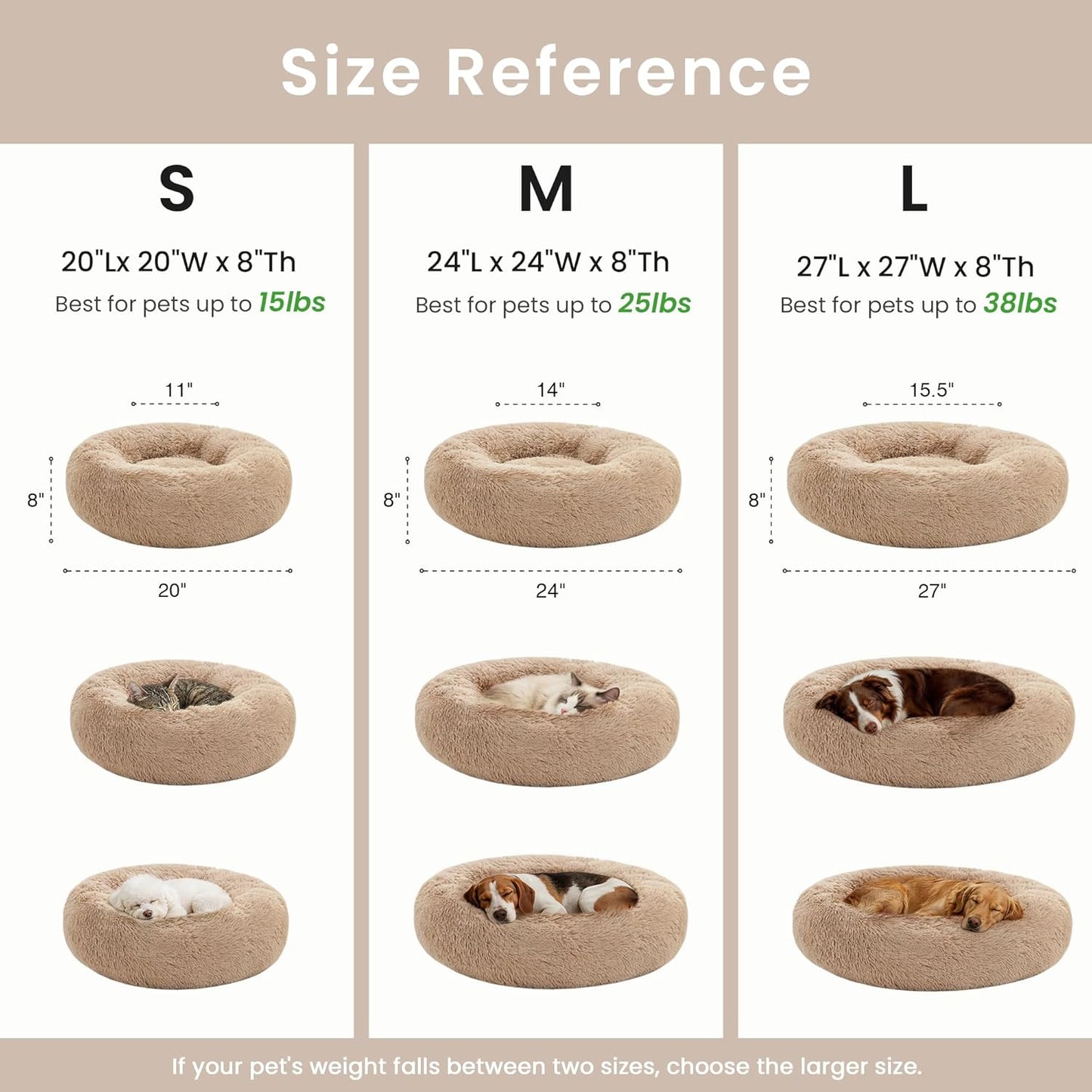 Calming Donut Pet Bed for Cats and Small to Medium Dogs, Anti-Anxiety Fluffy Warming Design, Beige Taupe, Available in 20" and 24" Sizes