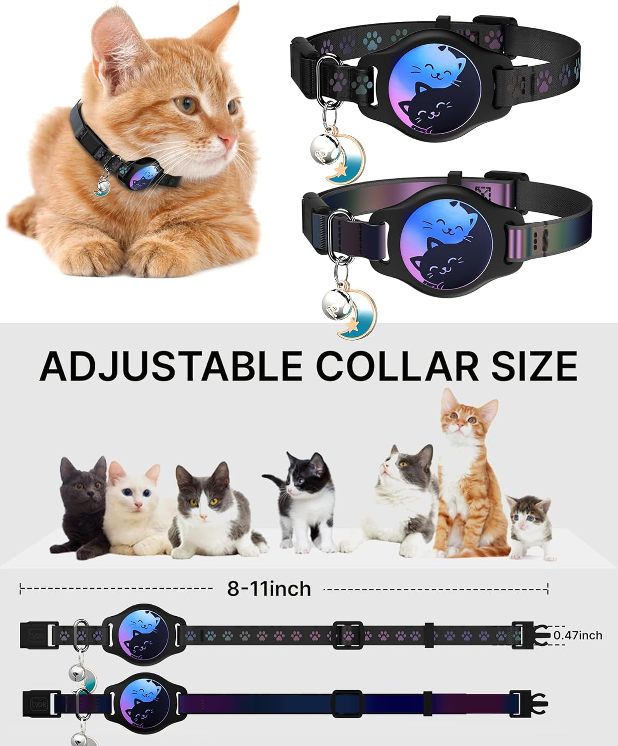 Breakaway Cat Collar with Apple AirTag Holder - 2 Pack, Reflective Waterproof Design with Bell, Adjustable 8-12 Inches, Lightweight and Comfortable Tracker