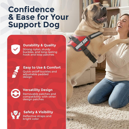 Service Dog Vest Harness - Adjustable and Durable with Reflective Straps, Removable Patches, 50 ADA Cards, Handle, D-Ring, Ideal for Travel and Daily Use (Bright Red, XL 30"-39")