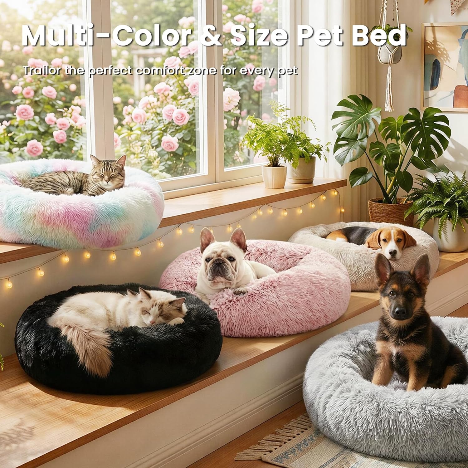 Calming Donut Pet Bed for Cats and Small to Medium Dogs, Anti-Anxiety Fluffy Warming Design, Beige Taupe, Available in 20" and 24" Sizes