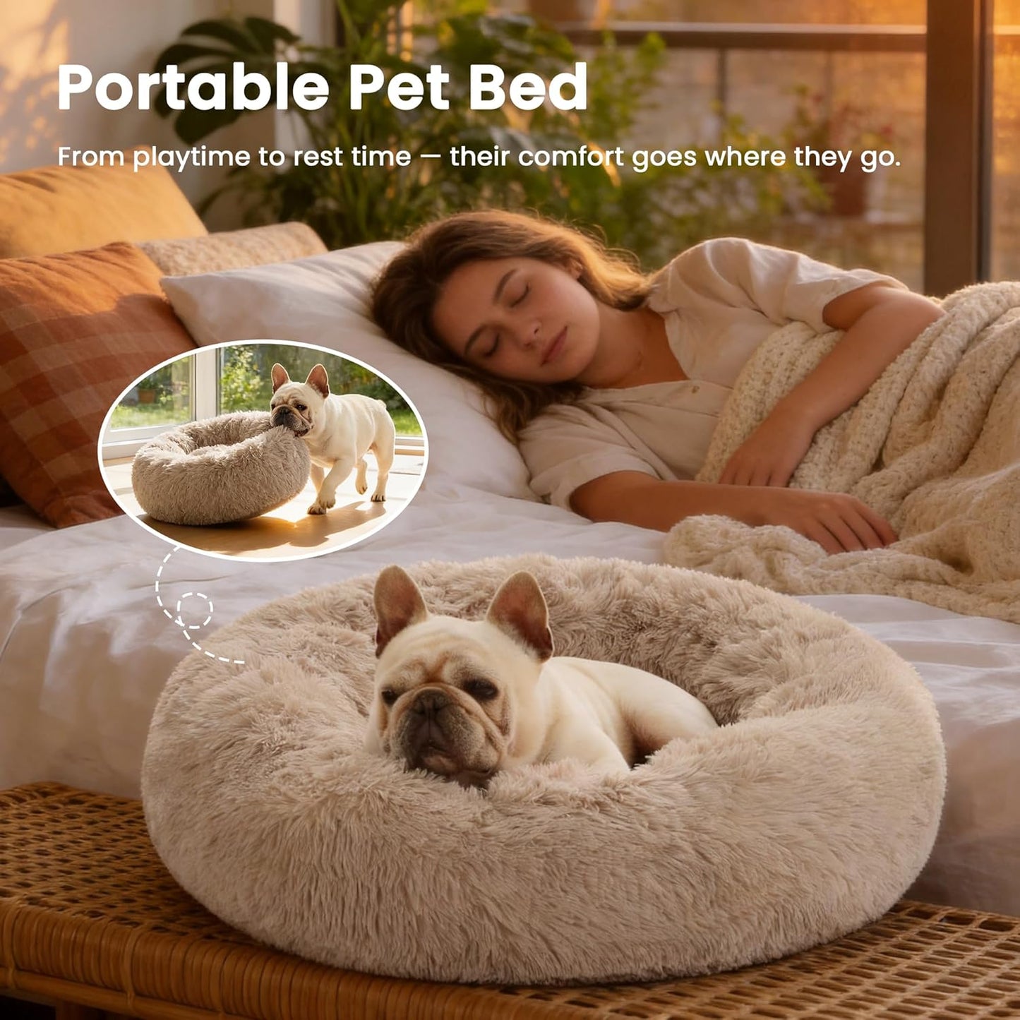 Calming Donut Pet Bed for Cats and Small to Medium Dogs, Anti-Anxiety Fluffy Warming Design, Beige Taupe, Available in 20" and 24" Sizes