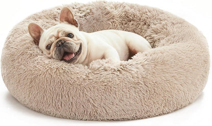 Calming Donut Pet Bed for Cats and Small to Medium Dogs, Anti-Anxiety Fluffy Warming Design, Beige Taupe, Available in 20" and 24" Sizes
