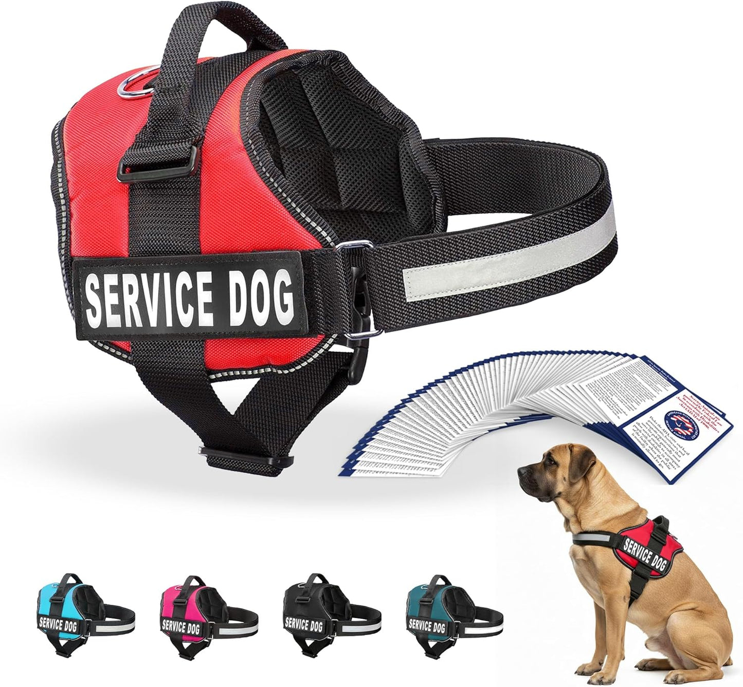 Service Dog Vest Harness - Adjustable and Durable with Reflective Straps, Removable Patches, 50 ADA Cards, Handle, D-Ring, Ideal for Travel and Daily Use (Bright Red, XL 30"-39")