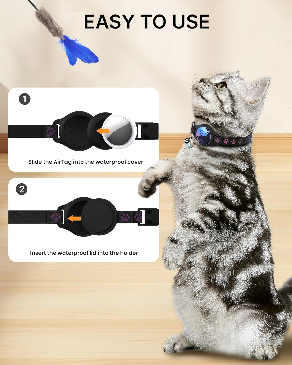 Breakaway Cat Collar with Apple AirTag Holder - 2 Pack, Reflective Waterproof Design with Bell, Adjustable 8-12 Inches, Lightweight and Comfortable Tracker