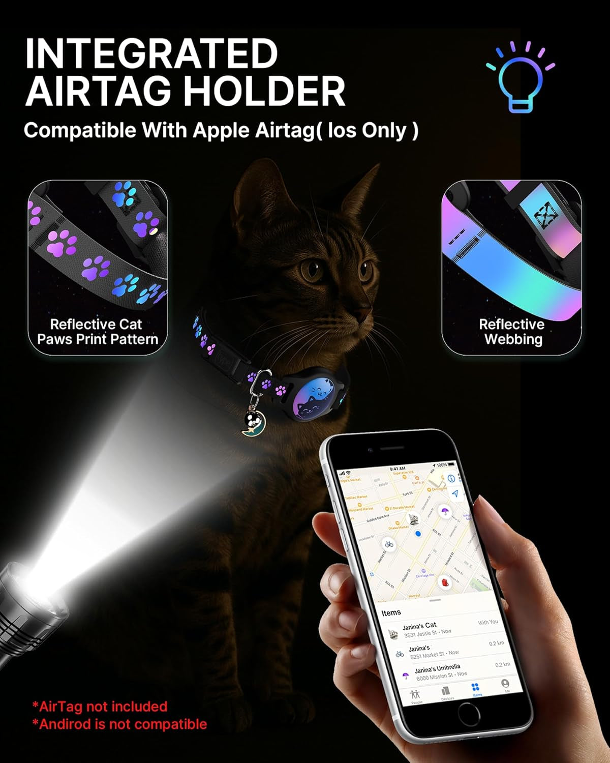 Breakaway Cat Collar with Apple AirTag Holder - 2 Pack, Reflective Waterproof Design with Bell, Adjustable 8-12 Inches, Lightweight and Comfortable Tracker