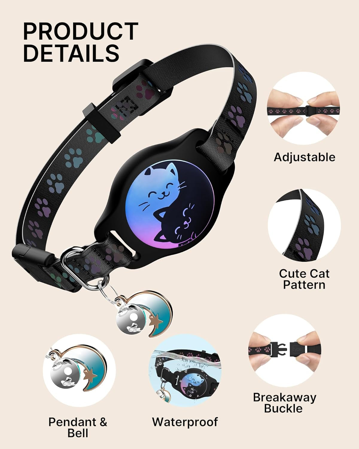 Breakaway Cat Collar with Apple AirTag Holder - 2 Pack, Reflective Waterproof Design with Bell, Adjustable 8-12 Inches, Lightweight and Comfortable Tracker