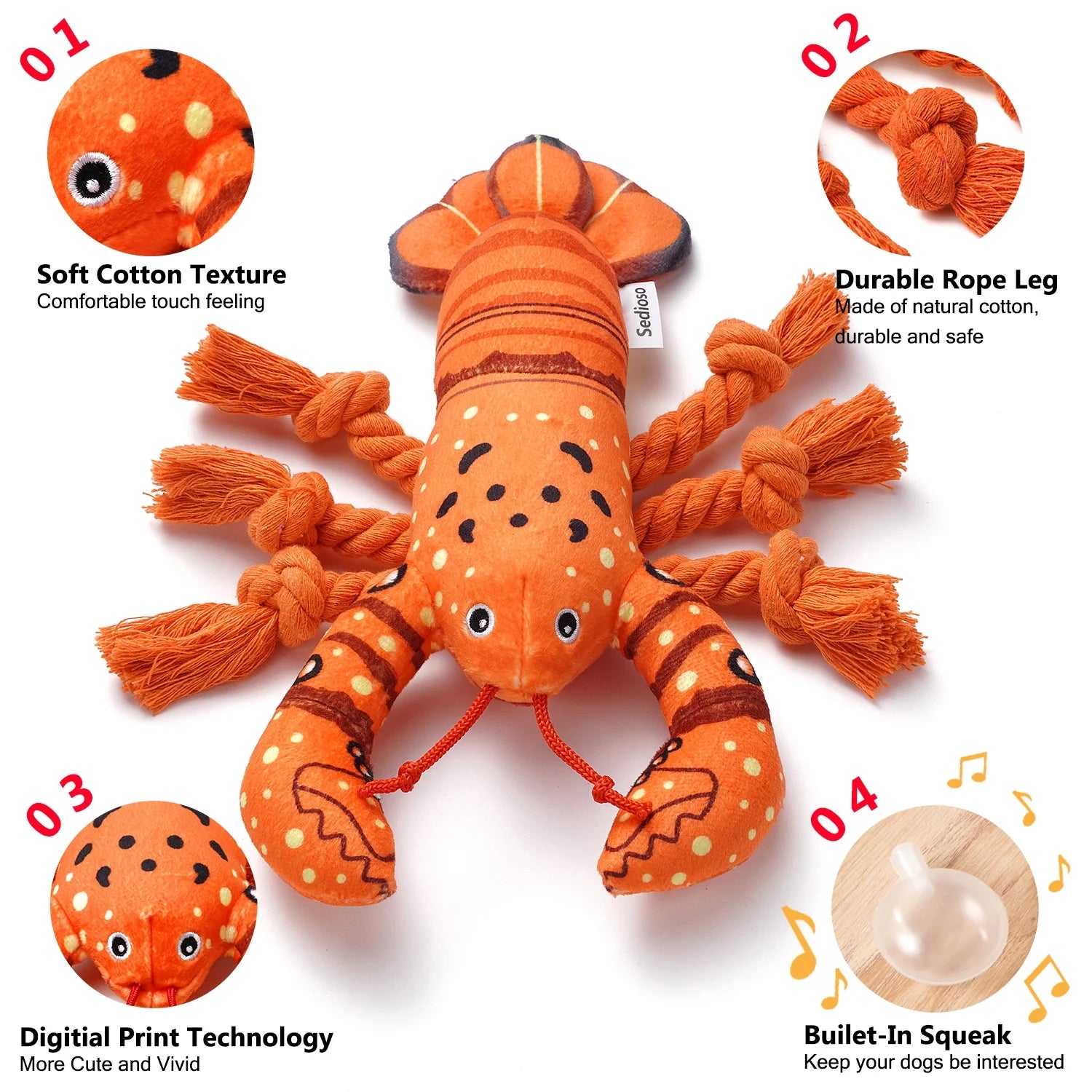 Premium Plush Dog Chew Toy - Squeaky Lobster with Crinkle Paper for Puppies and Dogs of All Sizes
