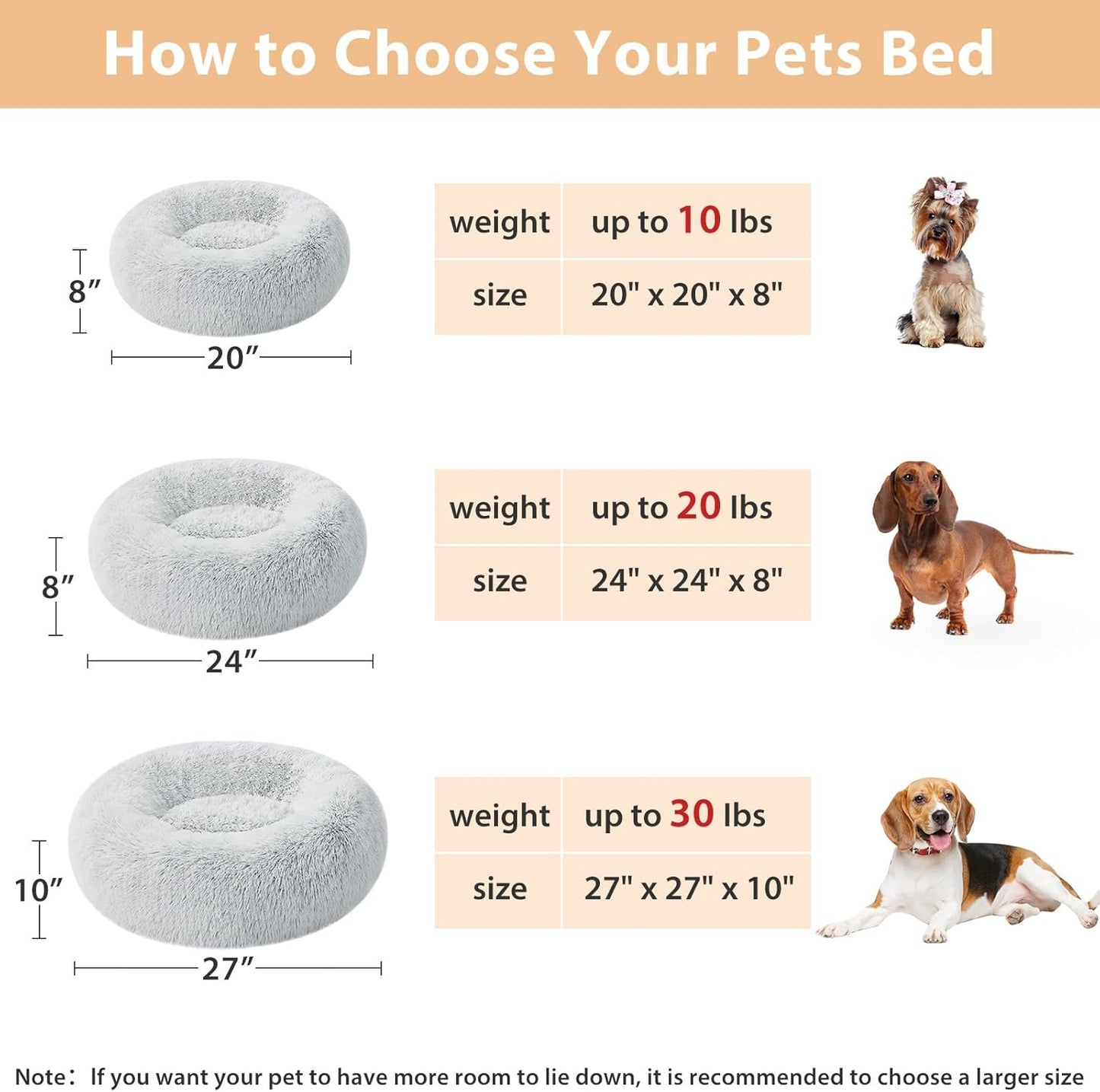 Round Calming Small Dog and Cat Bed for Comfortable Sleep, Washable Plush Puppy Bed with Faux Fur, Anti-Anxiety Donut Cuddler (24 x 24 x 8 Inch, Light Grey)