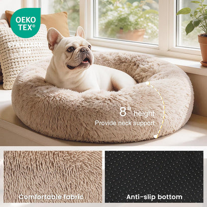 Calming Donut Pet Bed for Cats and Small to Medium Dogs, Anti-Anxiety Fluffy Warming Design, Beige Taupe, Available in 20" and 24" Sizes