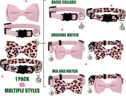 Adjustable Breakaway Cat Collar Set with Bell and Detachable Bowtie - Pink Leopard & Solid Pink for Kittens and Puppies